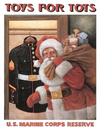Toys for Tots poster with Santa holding a bag of toys with a U.S. Marine Corps uniform hanging in a closet